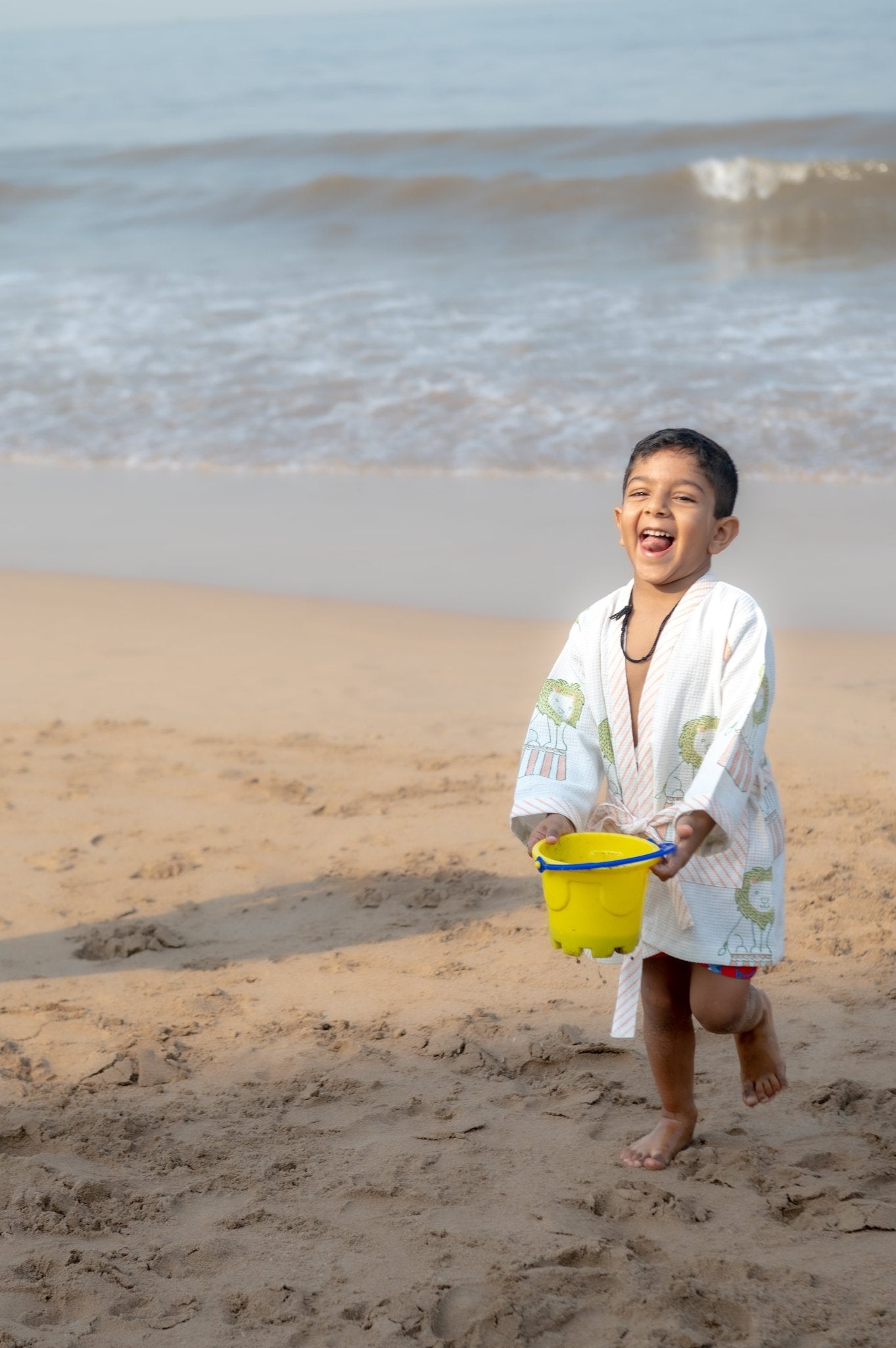 Pure Cotton Waffle Fabric Small Robe for Kids – Circus Design – Bath Linens on Brown Living™. SKU: MSY - 00433E - Peach - S. Img 1.