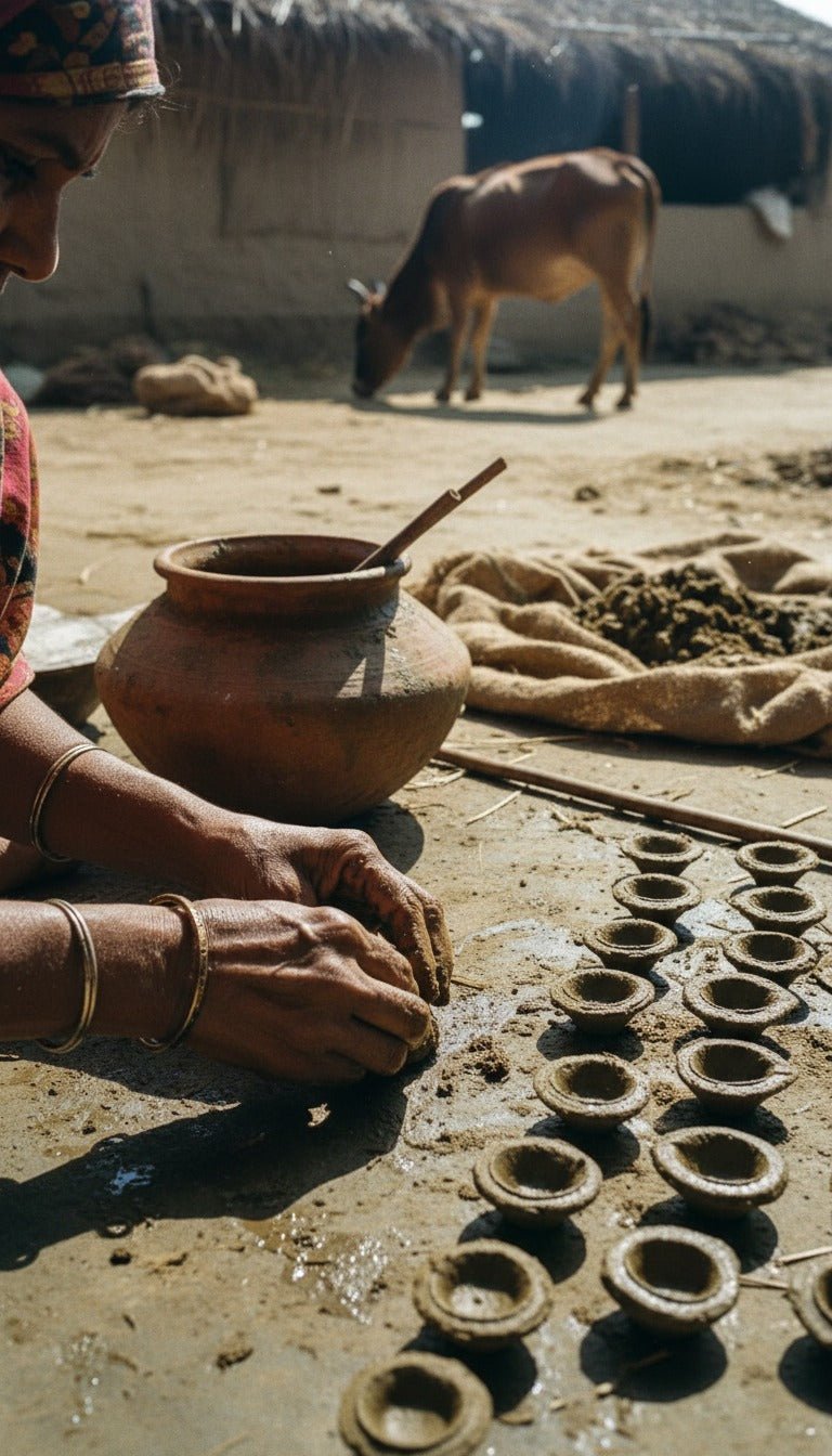 Pure Cow Dung Diyas from Villages of Chhattisgarh – (Set of 10) – Religious Items on Brown Living™. SKU: KAD01. Img 4.