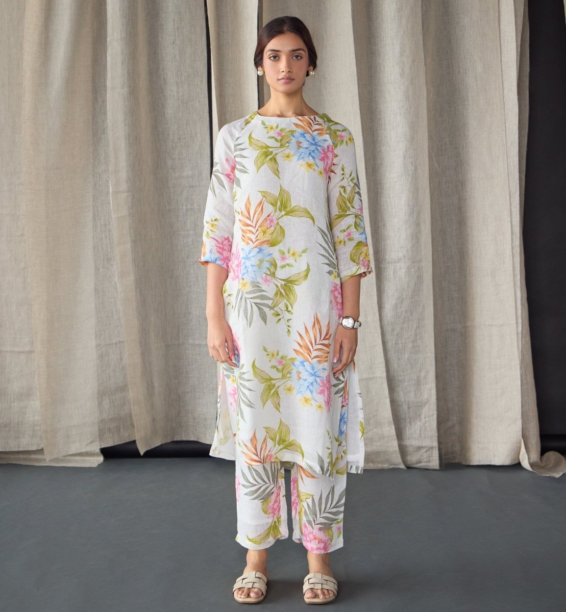 Pure Hemp White Floral Kurta Set | Verified Sustainable by Brown Living™