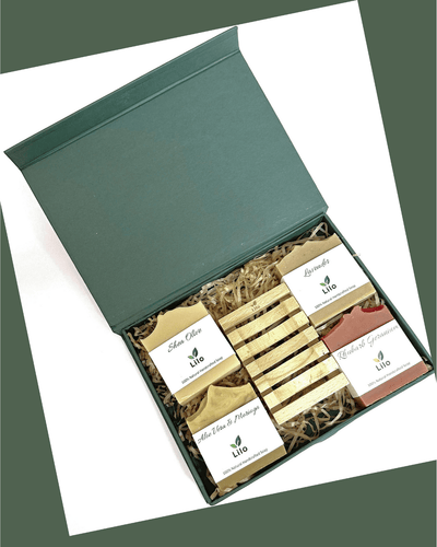Pure Indulgence Gift Set – 4 Natural Soaps with Soap Tray – Body Soap on Brown Living™. SKU: SKG005. Img 1.