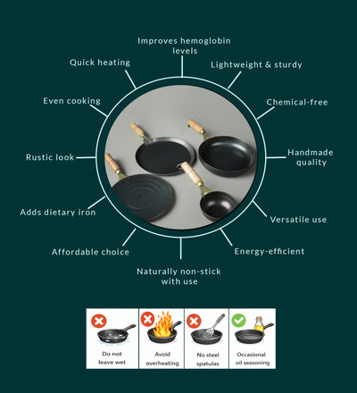 Pure Iron Handmade Combo - Tadka Pan+ Fry Pan+ Dosa Tawa+ Roti Tawa – Cookware on Brown Living™. SKU: Iron-Combo-4-3400g-packof4. Img 7.