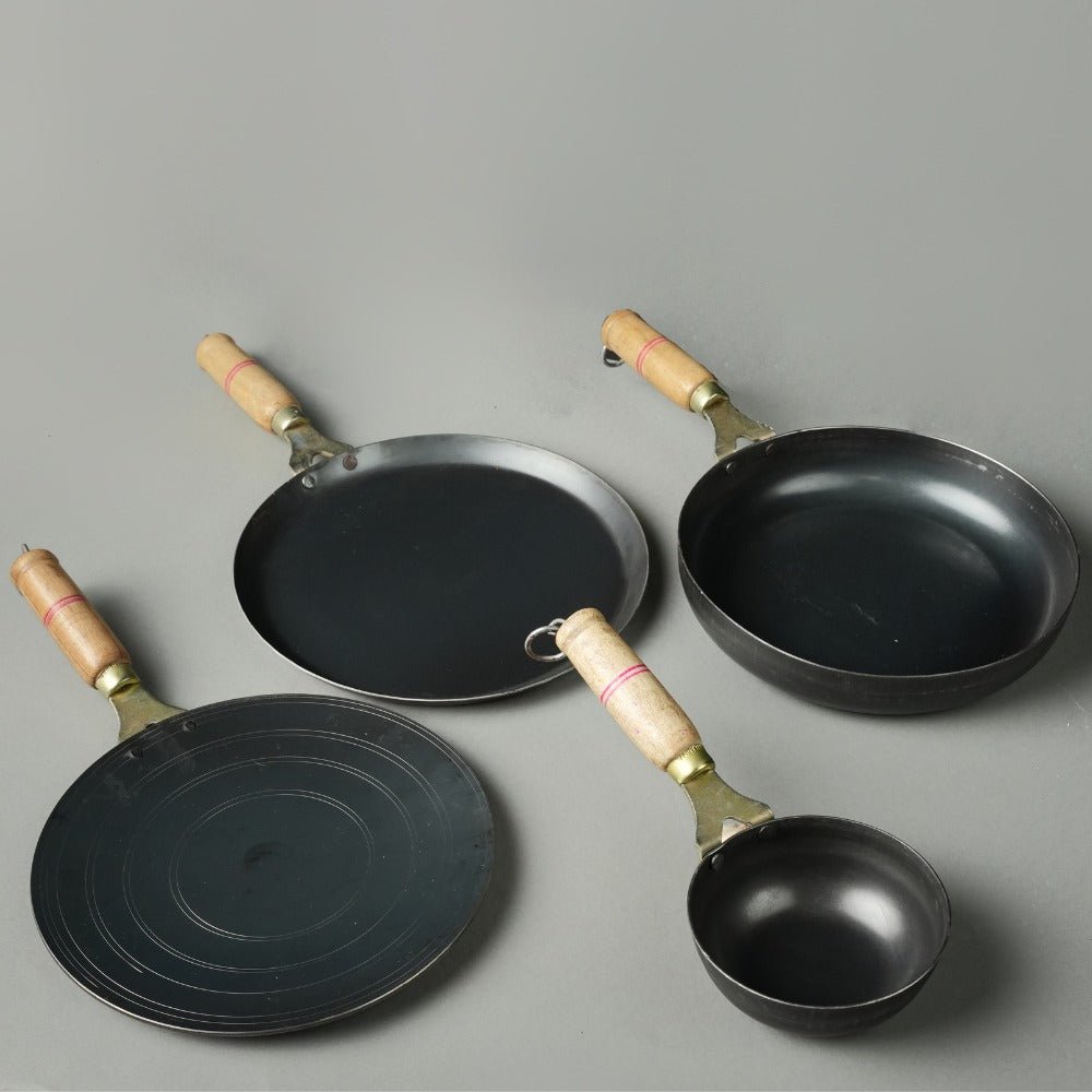 Pure Iron Handmade Combo - Tadka Pan+ Fry Pan+ Dosa Tawa+ Roti Tawa – Cookware on Brown Living™. SKU: Iron - Combo - 4 - 3400g - packof4. Img 1.