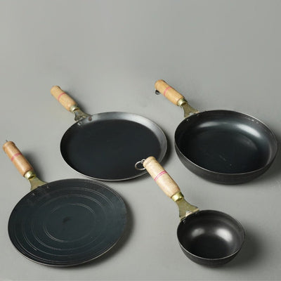 Pure Iron Handmade Combo - Tadka Pan+ Fry Pan+ Dosa Tawa+ Roti Tawa – Cookware on Brown Living™. SKU: Iron - Combo - 4 - 3400g - packof4. Img 1.
