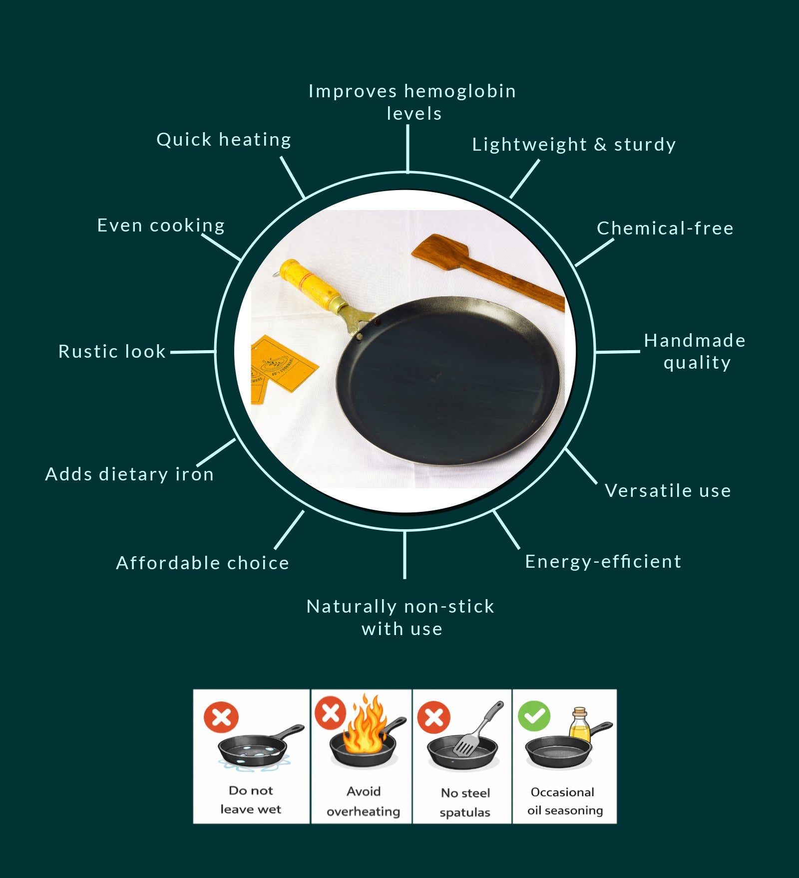 Pure Iron Handmade Dosa Tawa (10inches Inches)+ Free Wooden Flip – Cookware on Brown Living™. SKU: Iron-Tawa-1-1600g-packof1. Img 7.