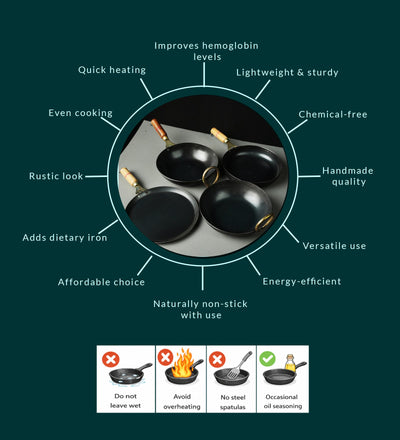 Pure Iron Handmade Family Combo (Kadai+ Fry Pan+ Round Wok+ Dosa Tawa) – Cookware on Brown Living™. SKU: Iron-Combo-5-4350g-packof4. Img 9.