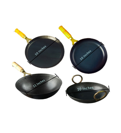 Pure Iron Handmade Family Combo (Kadai+ Fry Pan+ Round Wok+ Dosa Tawa) – Cookware on Brown Living™. SKU: Iron-Combo-5-4350g-packof4. Img 8.