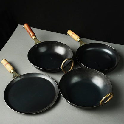 Pure Iron Handmade Family Combo (Kadai+ Fry Pan+ Round Wok+ Dosa Tawa) – Cookware on Brown Living™. SKU: Iron-Combo-5-4350g-packof4. Img 1.