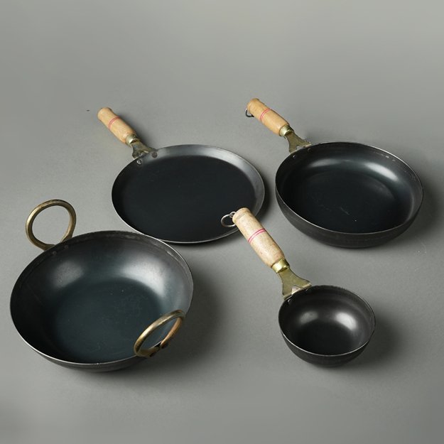 Pure Iron Handmade Family Combo (Ladle+ Fry Pan+ Dosa Tawa+ Kadhai) – Cookware by 80s Cookware available on Brown Living™. . SKU: Iron - Combo - 3 - 3400g - packof4. Img 2.