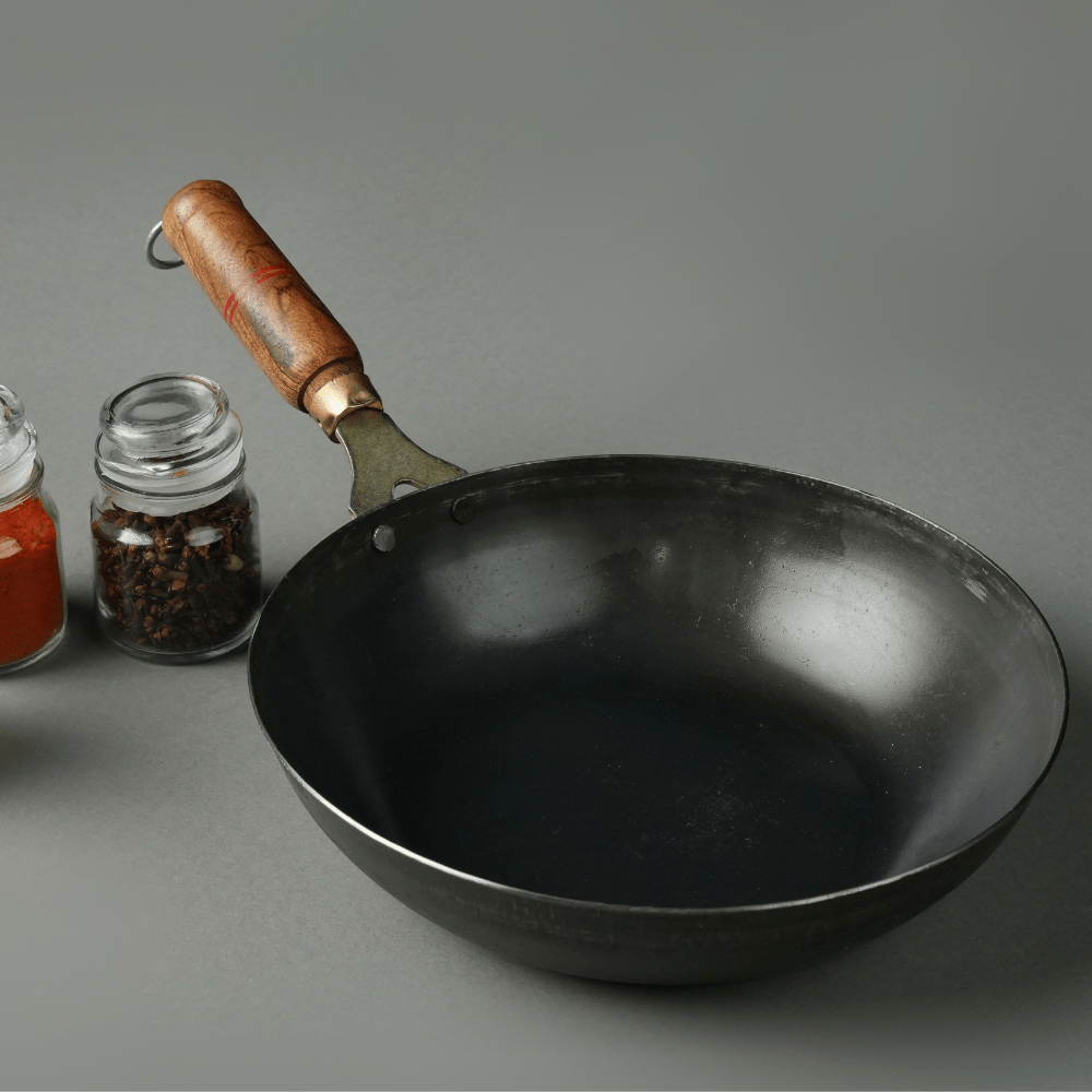 Pure Iron Handmade Family Combo (Roti Tawa+ Fry Pan+ Round Wok+ Kadai) – Cookware on Brown Living™. SKU: Iron - Combo - 6 - 4350g - packof4. Img 4.