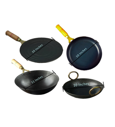 Pure Iron Handmade Family Combo (Roti Tawa+ Fry Pan+ Round Wok+ Kadai) – Cookware on Brown Living™. SKU: Iron-Combo-6-4350g-packof4. Img 6.