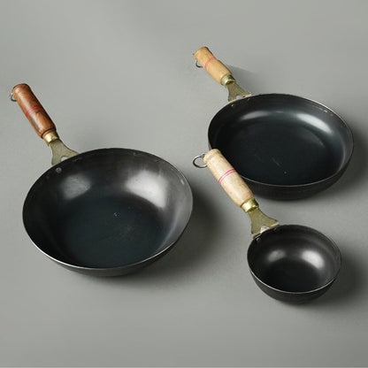 Pure Iron Handmade Family Combo (Tadka Pan + Fry Pan+ Round Wok) – Cookware on Brown Living™. SKU: Iron-Combo-2-3200g-packof3. Img 1.