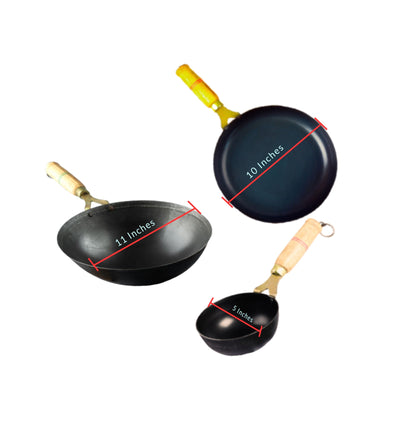 Pure Iron Handmade Family Combo (Tadka Pan + Fry Pan+ Round Wok) – Cookware on Brown Living™. SKU: Iron-Combo-2-3200g-packof3. Img 5.