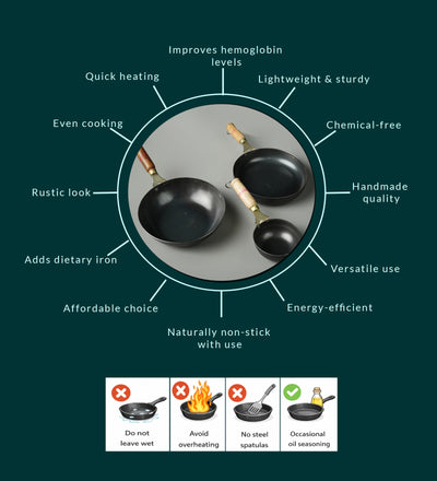 Pure Iron Handmade Family Combo (Tadka Pan + Fry Pan+ Round Wok) – Cookware on Brown Living™. SKU: Iron-Combo-2-3200g-packof3. Img 6.