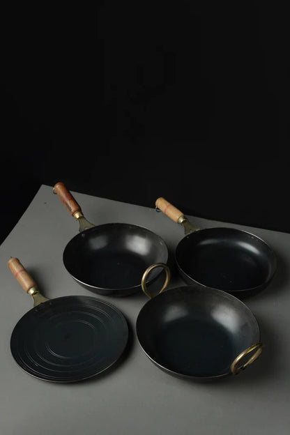 Pure Iron Handmade Family Combo (Tadka Pan+ Tawa+ Round Wok) – Cookware by 80s Cookware available on Brown Living™. . SKU: Iron - Combo - 1 - 3200g - packof3. Img 1.