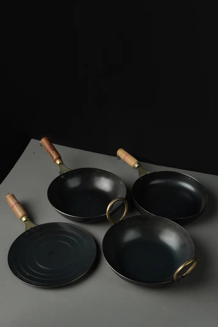 Pure Iron Handmade Family Combo (Tadka Pan+ Tawa+ Round Wok) – Cookware by 80s Cookware available on Brown Living™. . SKU: Iron - Combo - 1 - 3200g - packof3. Img 1.