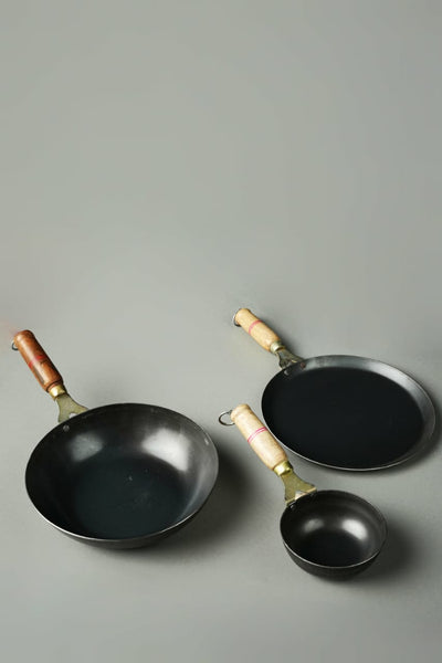 Pure Iron Handmade Family Combo (Tadka Pan+ Tawa+ Round Wok) – Cookware on Brown Living™. SKU: Iron - Combo - 1 - 3200g - packof3. Img 1.