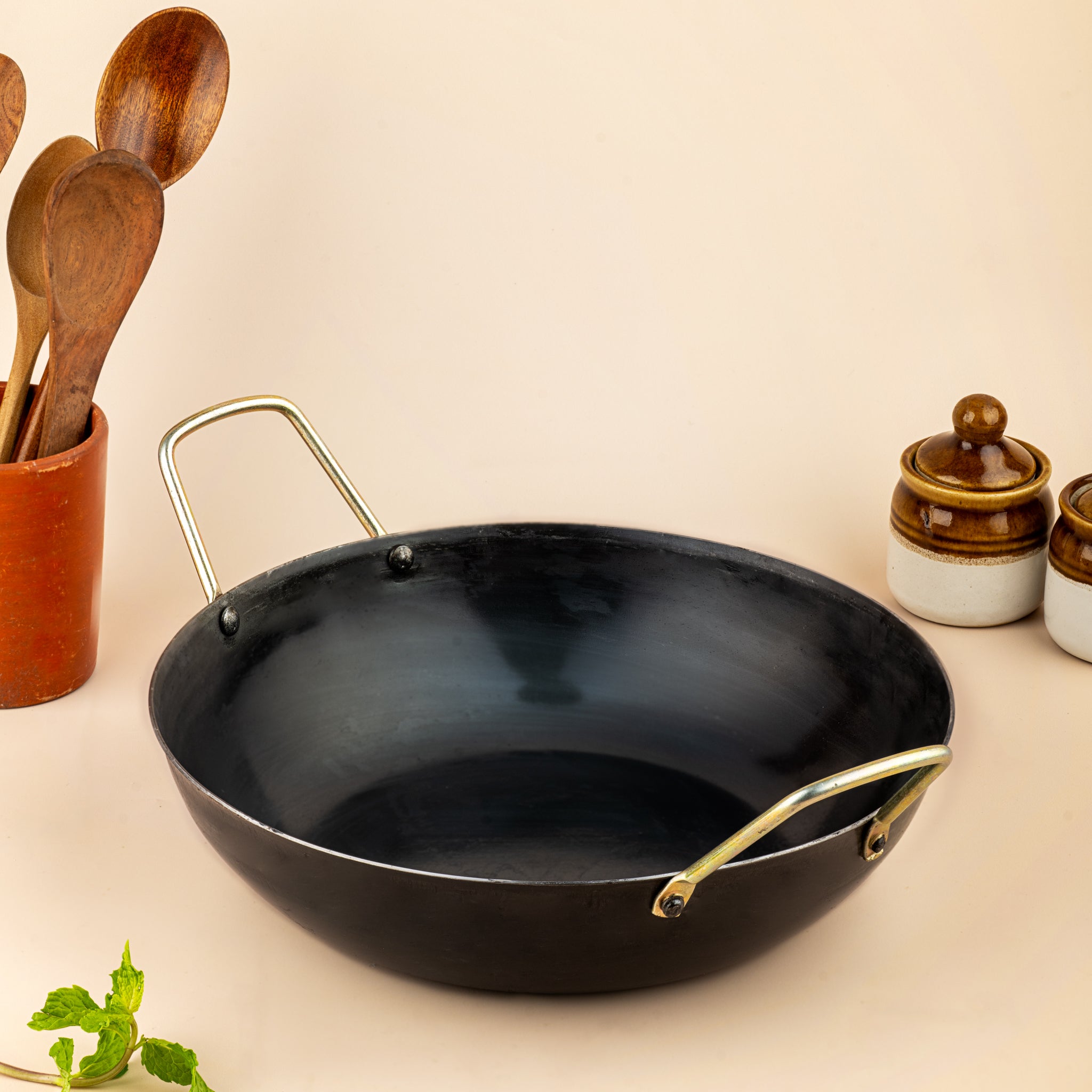Pure Iron Handmade Flat Bottom Kadai (10 Inches) – Cookware on Brown Living™. SKU: T14. Img 1.