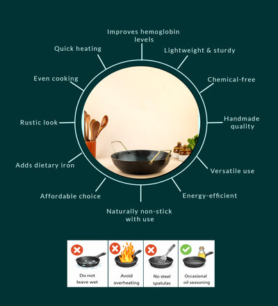 Pure Iron Handmade Flat Bottom Kadai (10 Inches) – Cookware on Brown Living™. SKU: T14. Img 4.