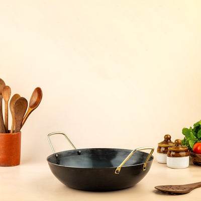 Pure Iron Handmade Flat Bottom Kadai (10 Inches) – Cookware on Brown Living™. SKU: T14. Img 2.