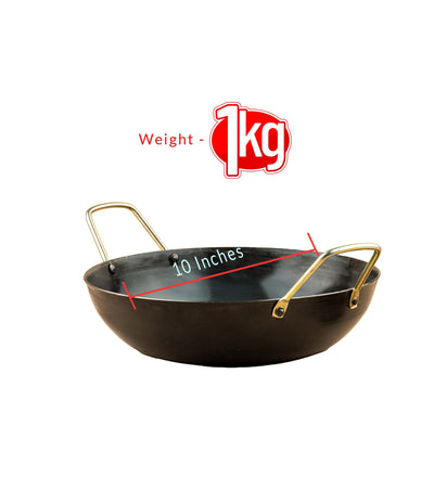 Pure Iron Handmade Flat Bottom Kadai (10 Inches) – Cookware on Brown Living™. SKU: T14. Img 3.