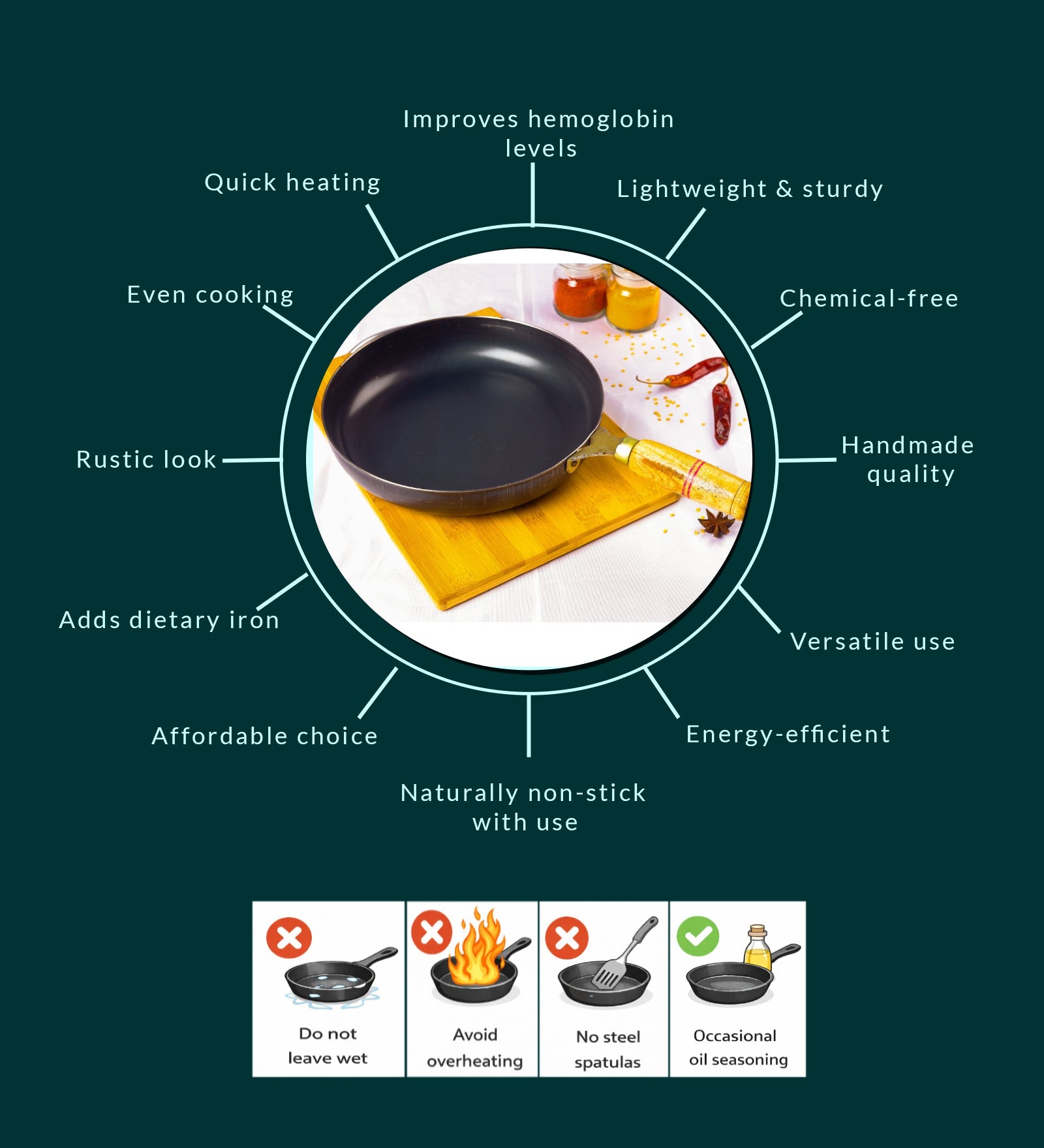 Pure Iron Handmade Fry Pan (10 Inches) – Cookware on Brown Living™. SKU: Iron-pan-1000g-packof1. Img 5.