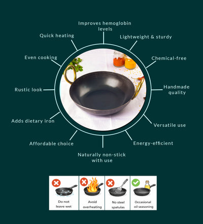 Pure Iron Handmade Kadai (10 Inches) – Cookware on Brown Living™. SKU: Iron-Kadai-1000g-packof1. Img 9.