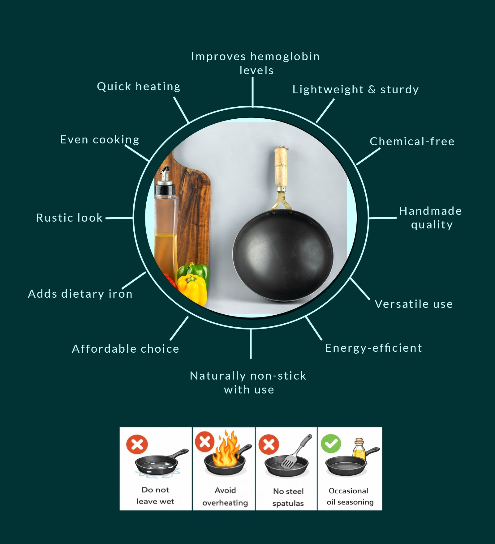 Pure Iron Handmade Round Wok – Cookware on Brown Living™. SKU: T16. Img 6.