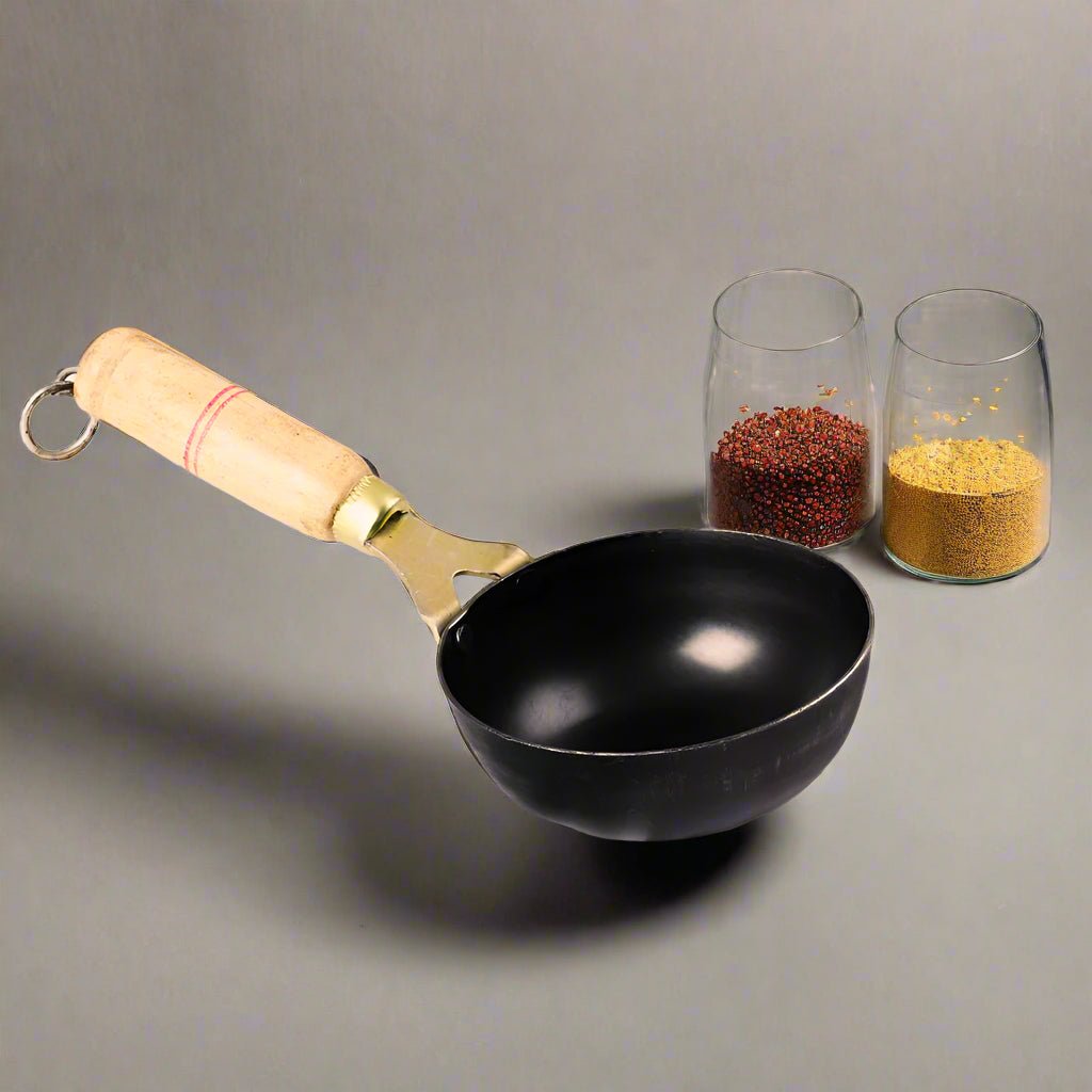 Pure Iron Handmade Tadka Pan/ Thalipu Karandi (5inches Inches) – Cookware by 80s Cookware available on Brown Living™. . SKU: Iron - Tadkapan - 400g - packof1. Img 2.