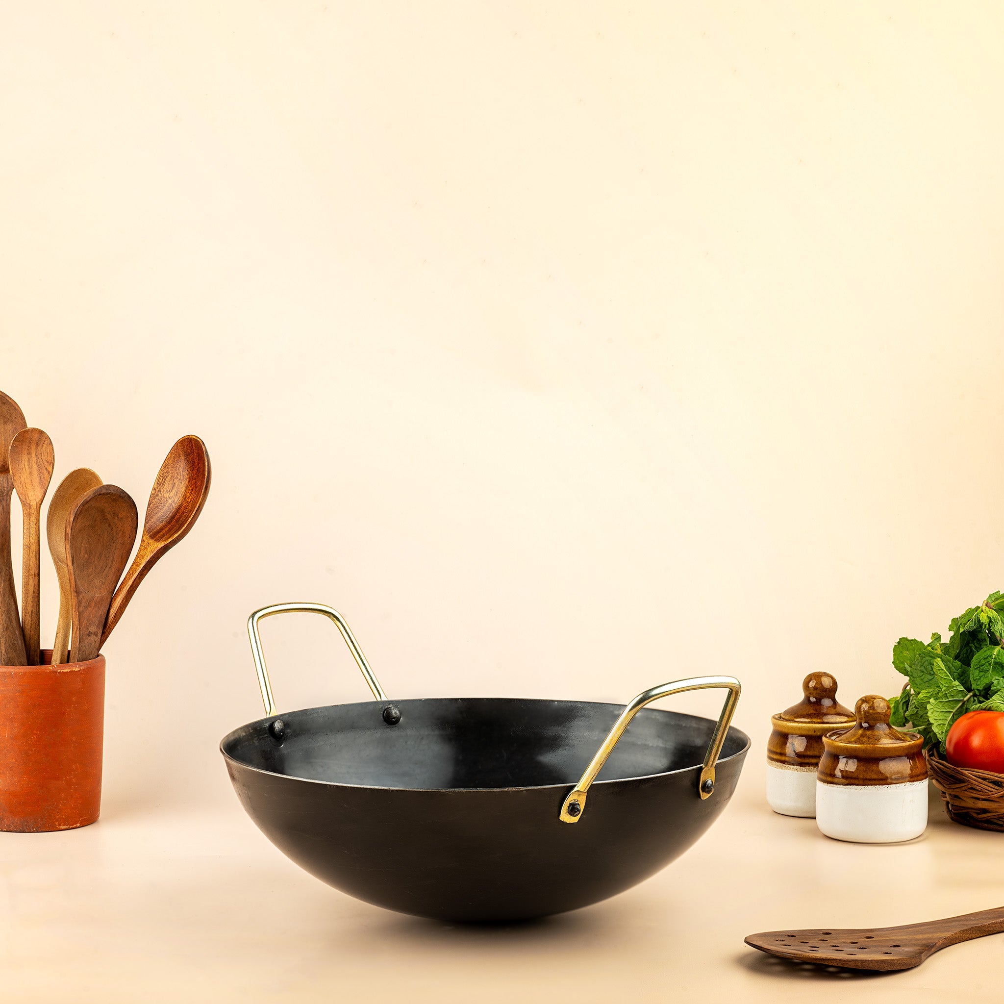 Pure Iron Kadai (Wok) 10 Inch – Traditional Handmade Cookware – Cookware on Brown Living™. SKU: T15. Img 2.