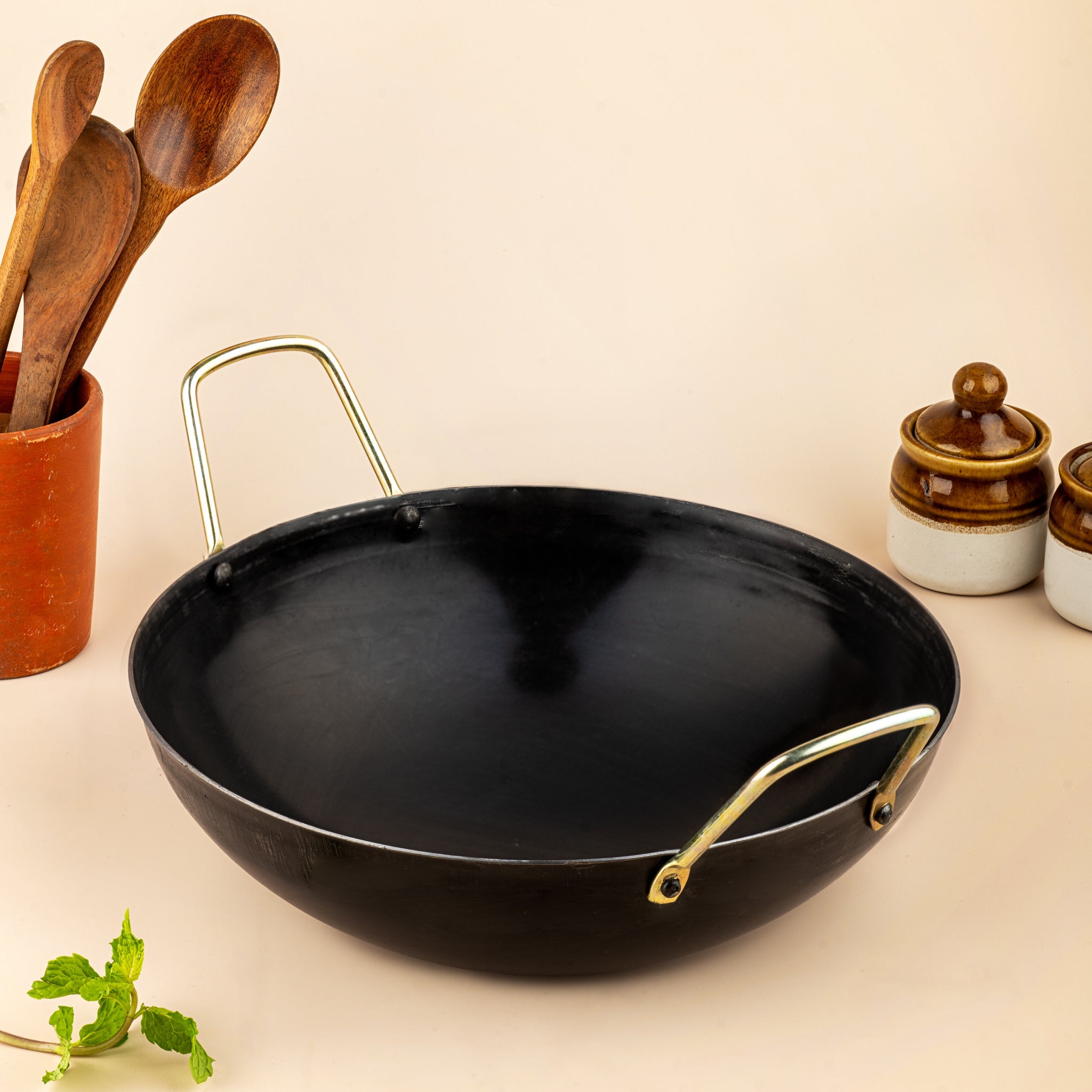 Pure Iron Kadai (Wok) 10 Inch – Traditional Handmade Cookware – Cookware on Brown Living™. SKU: T15. Img 1.