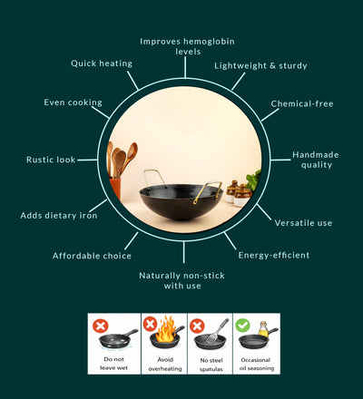 Pure Iron Kadai (Wok) 10 Inch – Traditional Handmade Cookware – Cookware on Brown Living™. SKU: T15. Img 4.