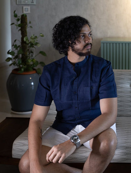 Pure Linen Mandarin Short Sleeve Shirt Heritage Navy For Men's Wear – Mens Shirt on Brown Living™. SKU: ANTPLMSSSBS. Img 1.