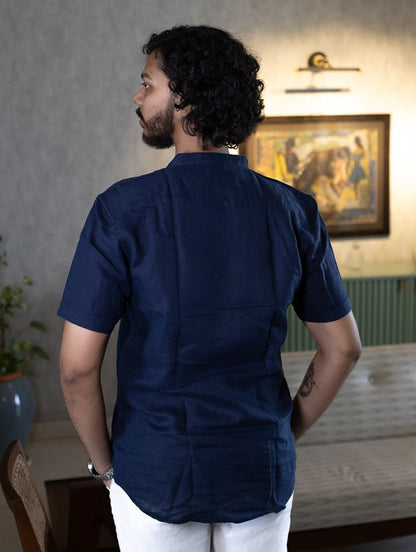 Pure Linen Mandarin Short Sleeve Shirt Heritage Navy For Men's Wear – Mens Shirt on Brown Living™. SKU: ANTPLMSSSBS. Img 2.