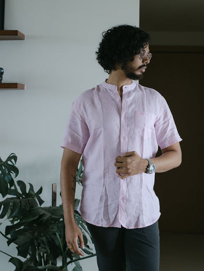 Pure Linen Mandarin Short Sleeve Shirt Pink | Breezy & Comfortable – Mens Shirt on Brown Living™. SKU: ANTPLMSSSPS. Img 1.