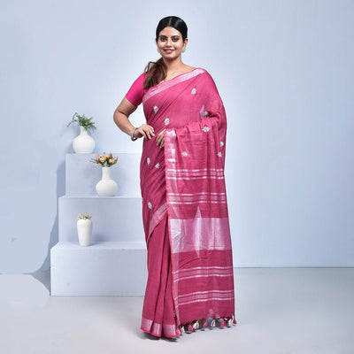 Pure Linen Saree with Floral Design Hand Embroidery – Womens Saree on Brown Living™. SKU: ST - LIN - SAR - 08. Img 15.