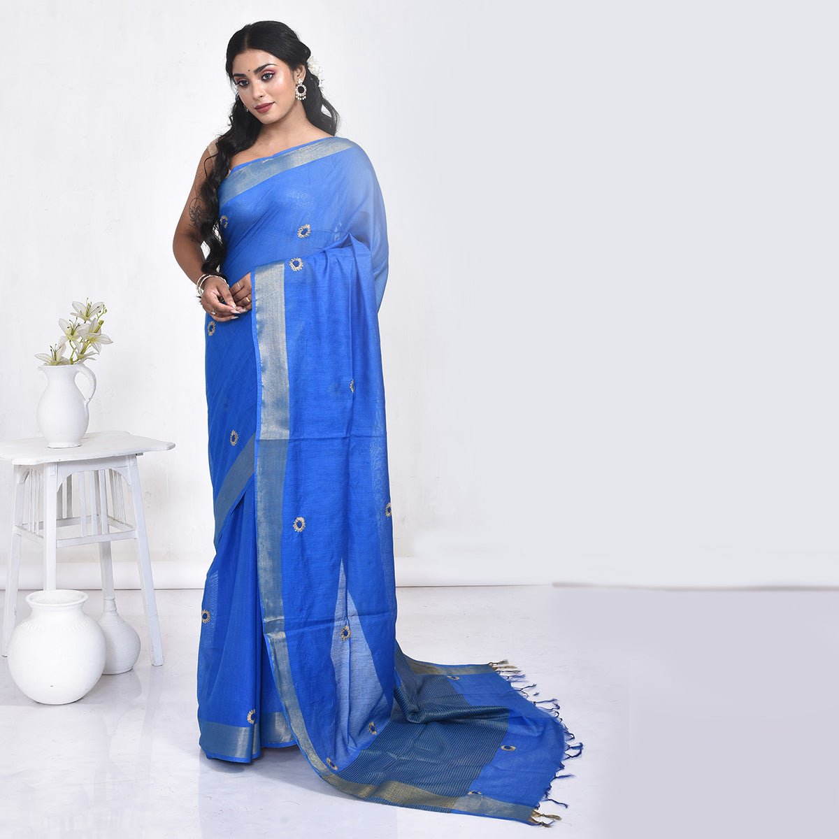 Pure Linen Saree with Floral Design Hand Embroidery – Womens Saree by Stotra available on Brown Living™. Blue . SKU: ST - LIN - SAR - 05. Img 2.
