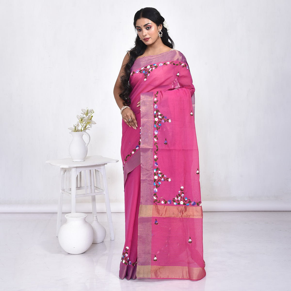 Pure Linen Saree with Floral Design Hand Embroidery – Womens Saree by Stotra available on Brown Living™. Fuchsia Pink . SKU: ST - LIN - SAR - 03. Img 3.