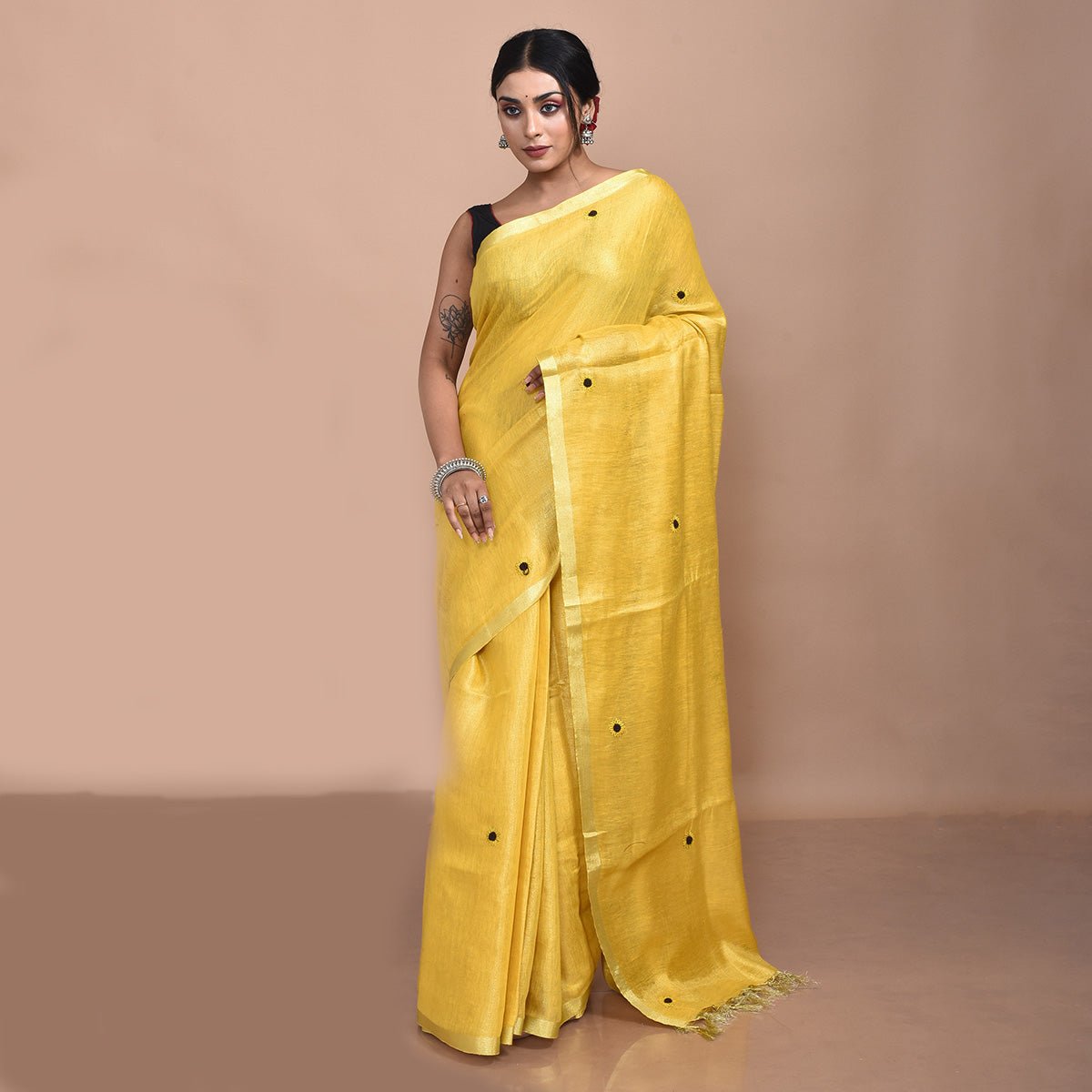 Pure Linen Saree with Floral Design Hand Embroidery – Womens Saree by Stotra available on Brown Living™. Golden . SKU: ST - LIN - SAR - 06. Img 4.