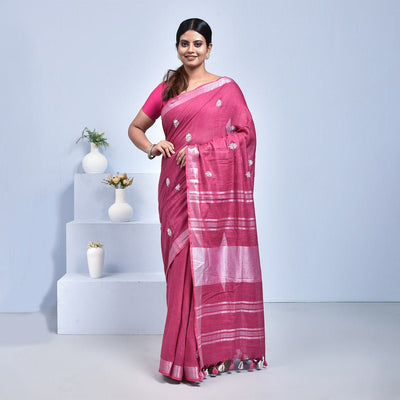 Pure Linen Saree with Floral Design Hand Embroidery – Womens Saree by Stotra available on Brown Living™. Magenta . SKU: ST - LIN - SAR - 08. Img 8.