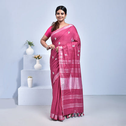 Pure Linen Saree with Floral Design Hand Embroidery – Womens Saree by Stotra available on Brown Living™. Magenta . SKU: ST - LIN - SAR - 08. Img 8.