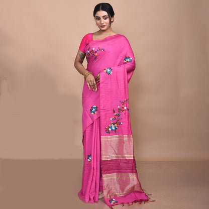 Pure Linen Saree with Floral Design Hand Embroidery – Womens Saree by Stotra available on Brown Living™. Pink . SKU: ST - LIN - SAR - 02. Img 7.