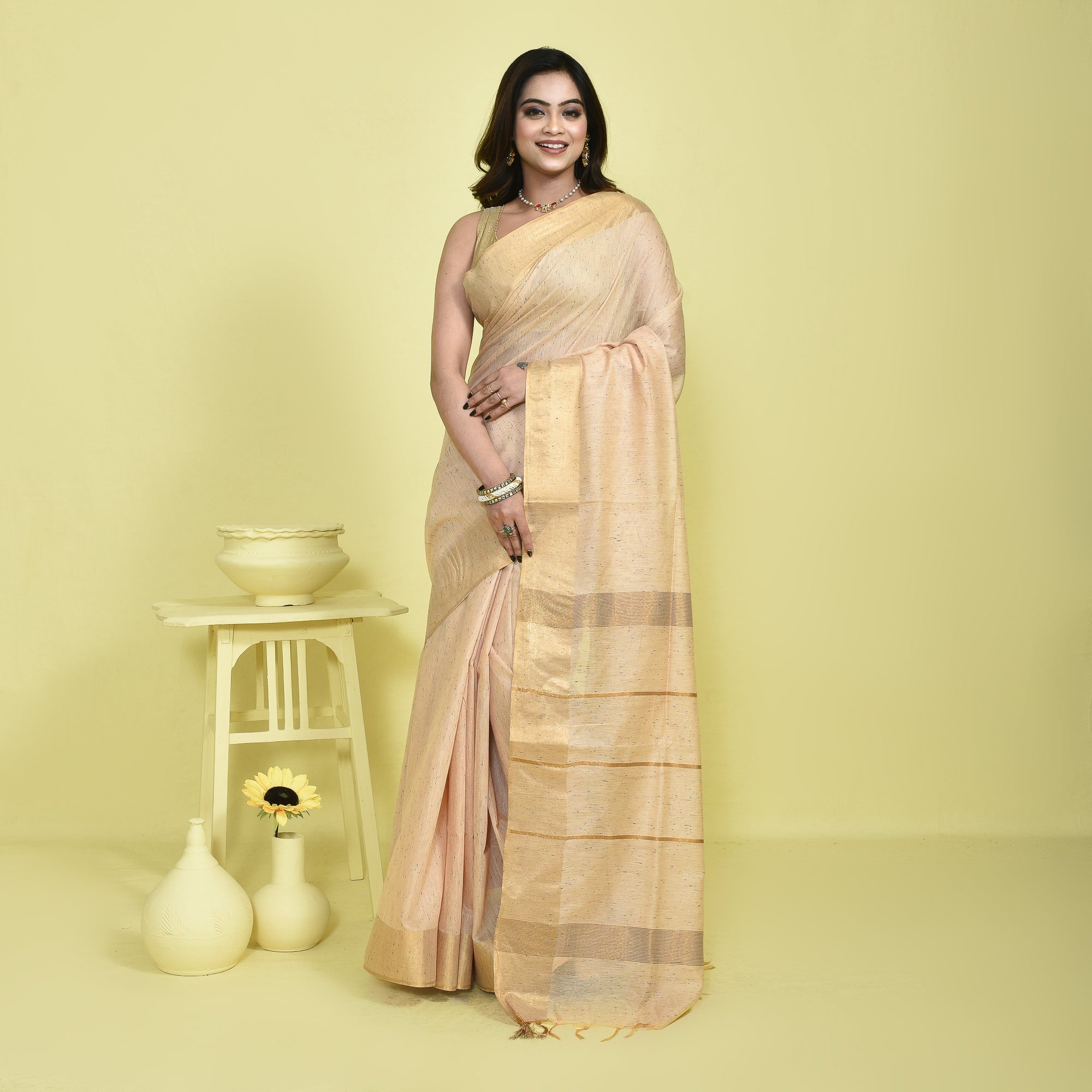 Pure Linen Saree with Metallic Border | Elegant Lightweight Linen Sare – Womens Saree on Brown Living™. SKU: ST-LIN-SAR-BEIGE-04. Img 6.