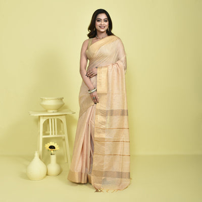Pure Linen Saree with Metallic Border | Elegant Lightweight Linen Sare – Womens Saree on Brown Living™. SKU: ST-LIN-SAR-BEIGE-04. Img 6.