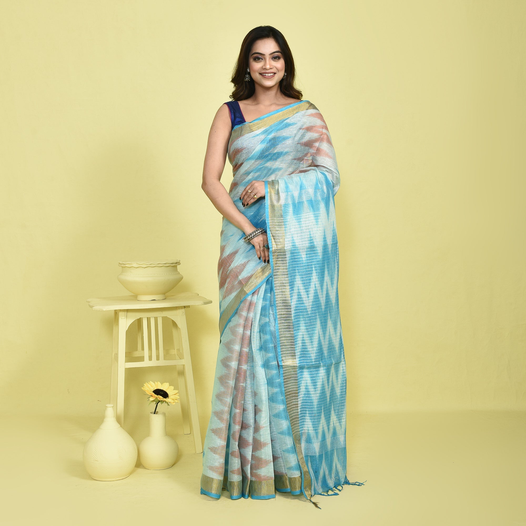 Pure Linen Saree with Metallic Border | Elegant Lightweight Linen Sare – Womens Saree on Brown Living™. SKU: ST-LIN-SAR-BIKAT-05. Img 5.