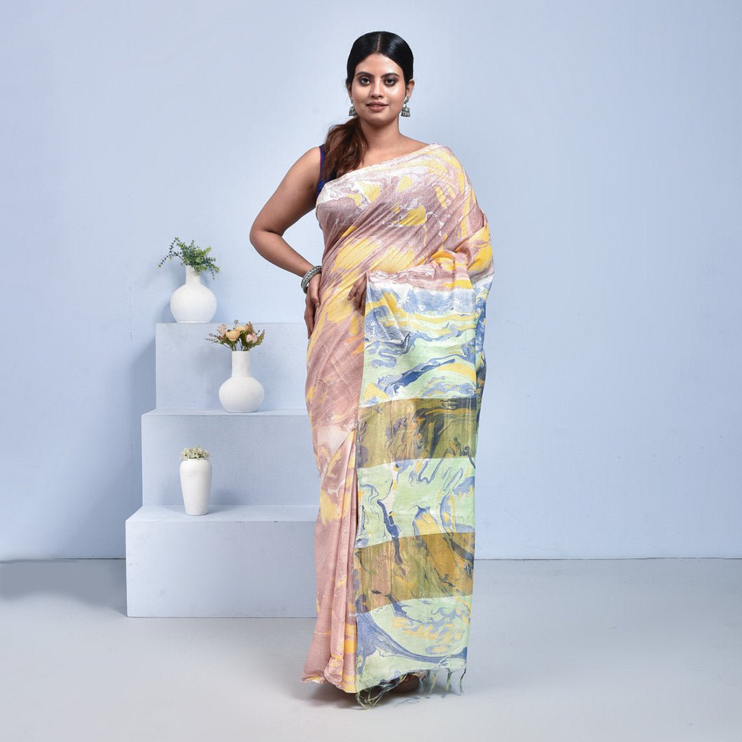 Pure Linen Saree with Metallic Border | Elegant Lightweight Linen Sare – Womens Saree on Brown Living™. SKU: ST-LIN-SAR-BMARBLE-10. Img 14.