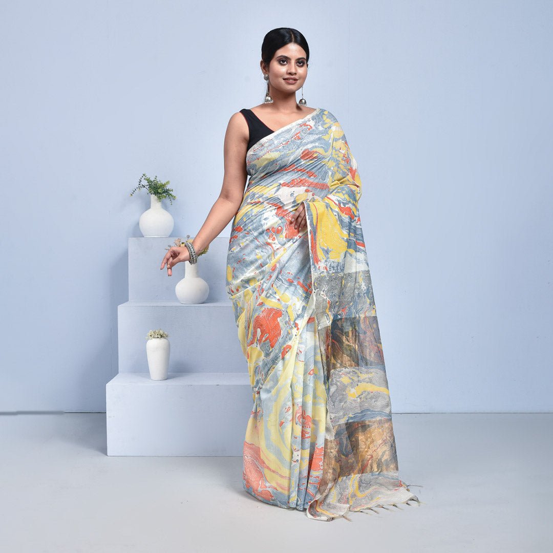 Pure Linen Saree with Metallic Border | Elegant Lightweight Linen Sare – Womens Saree on Brown Living™. SKU: ST-LIN-SAR-GMARBLE-09. Img 13.
