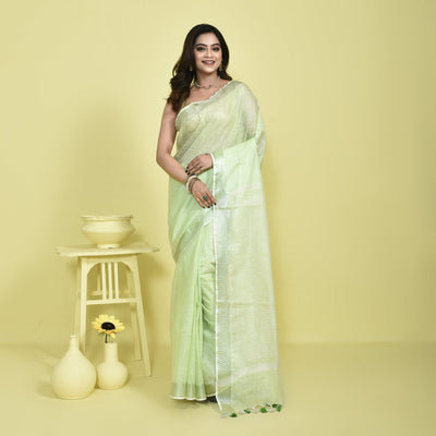 Pure Linen Saree with Metallic Border | Elegant Lightweight Linen Sare – Womens Saree on Brown Living™. SKU: ST-LIN-SAR-GREEN-03. Img 3.