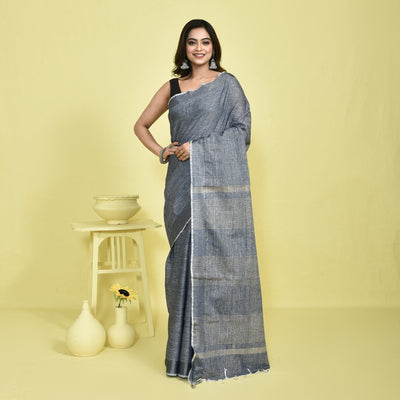 Pure Linen Saree with Metallic Border | Elegant Lightweight Linen Sare – Womens Saree on Brown Living™. SKU: ST-LIN-SAR-GREY-07. Img 4.