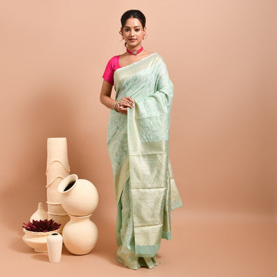 Pure Linen Saree with Metallic Border | Elegant Lightweight Linen Sare – Womens Saree on Brown Living™. SKU: ST-LIN-SAR-GZARI-13. Img 9.