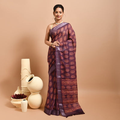 Pure Linen Saree with Metallic Border | Elegant Lightweight Linen Sare – Womens Saree on Brown Living™. SKU: ST-LIN-SAR-MAROON-08. Img 8.